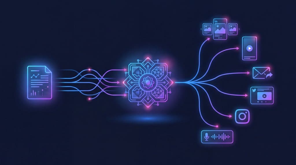 AI content repurposing workflow showing one source asset transforming into multiple channel formats