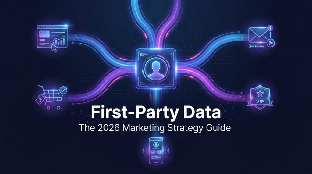 First party data marketing strategy guide 2026 with data flow visualization in MarqOps brand colors