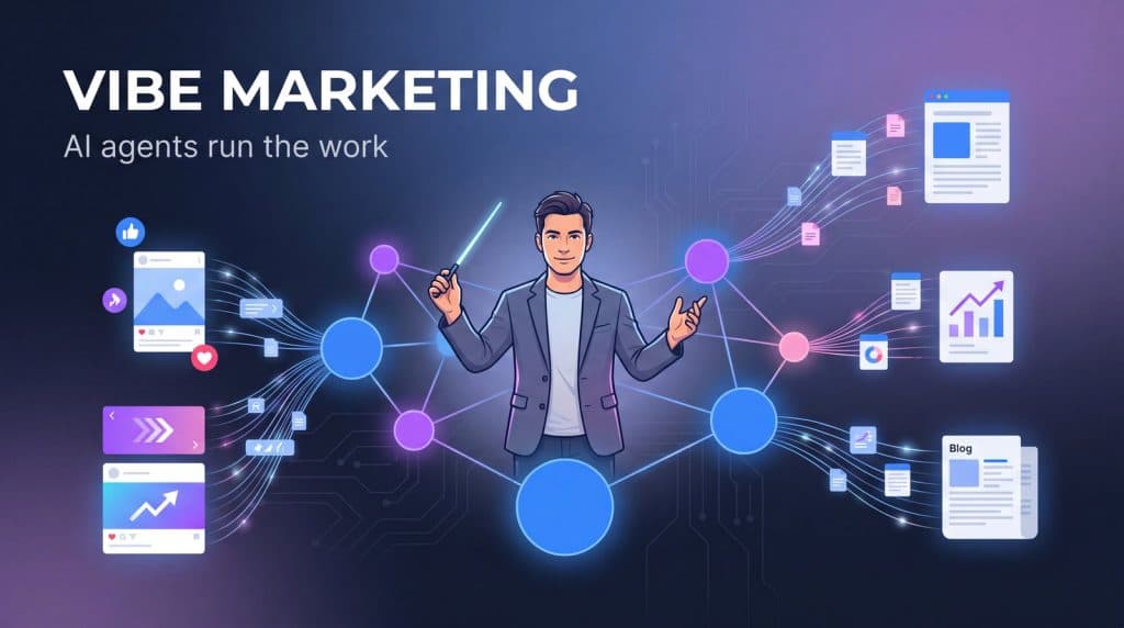 Vibe marketing 2026 concept: a single marketer orchestrating AI agents that run content, creative, and campaigns, in MarqOps brand colors